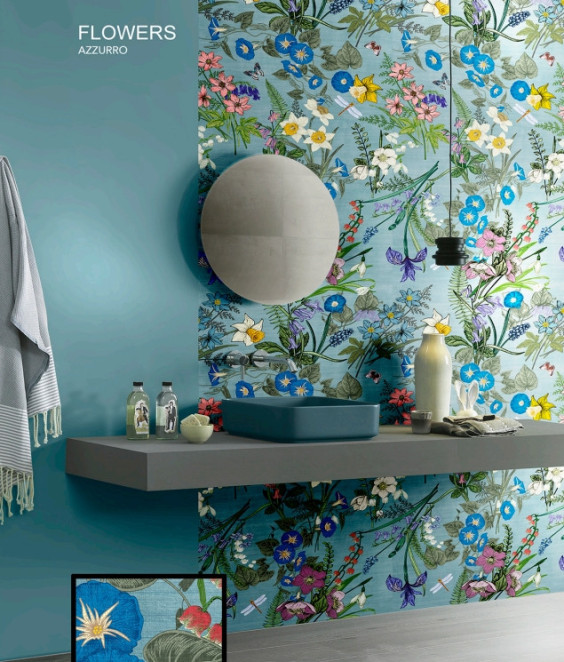 La Bottega del Decoro Grandi Lastre Flowers Azzurro 120x280